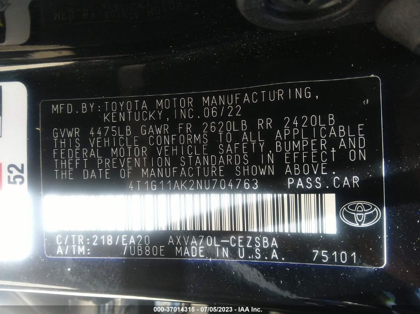 2022 TOYOTA CAMRY SE - 4T1G11AK2NU704763