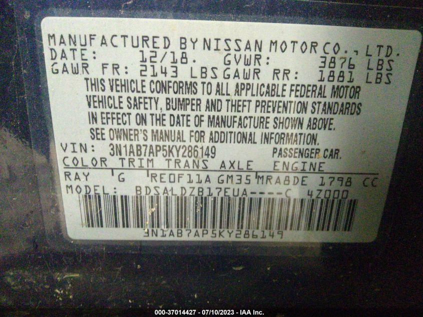 2019 NISSAN SENTRA SV - 3N1AB7AP5KY286149