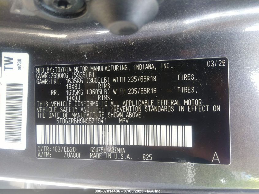 2022 TOYOTA HIGHLANDER XLE - 5TDGZRBH9NS571941