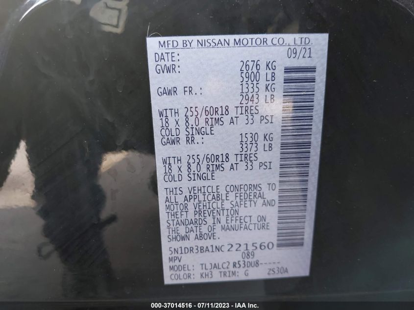2022 NISSAN PATHFINDER SV - 5N1DR3BA1NC221560