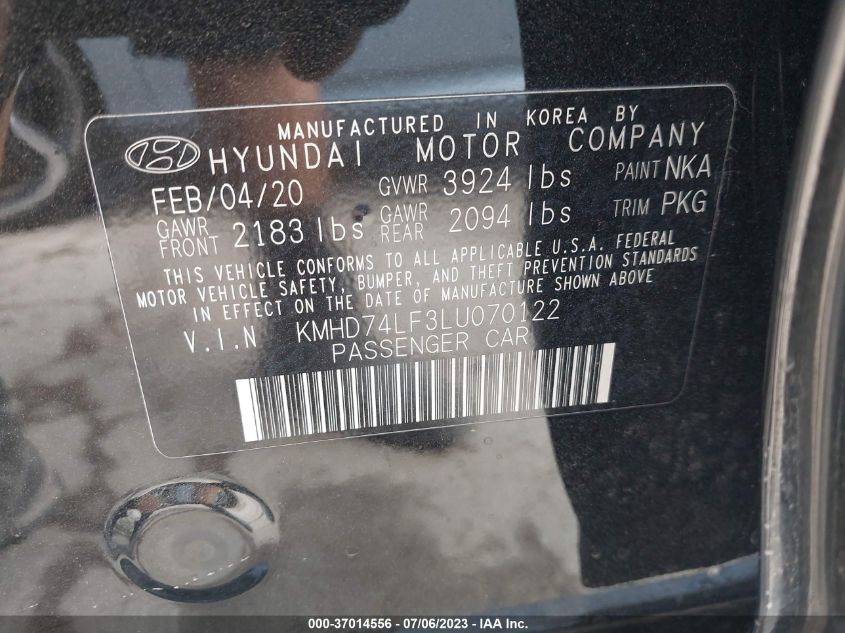 2020 HYUNDAI ELANTRA SE - KMHD74LF3LU070122