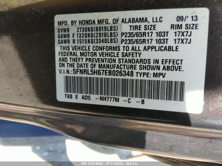 2014 HONDA ODYSSEY EX-L - 5FNRL5H67EB026348