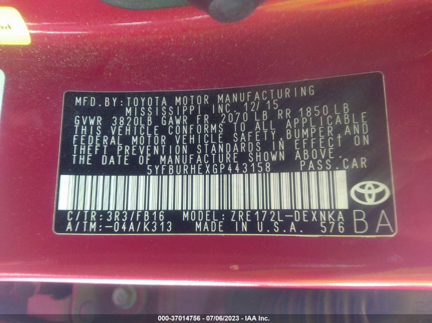 2016 TOYOTA COROLLA L/LE/S/S PLUS/LE PLUS - 5YFBURHEXGP443158