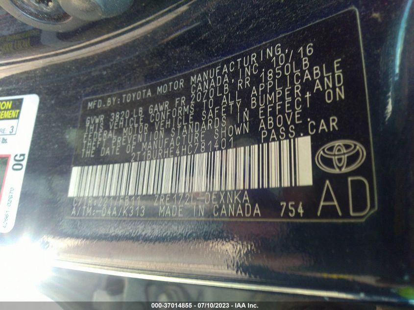 2017 TOYOTA COROLLA L/LE/XLE/SE - 2T1BURHE4HC781401