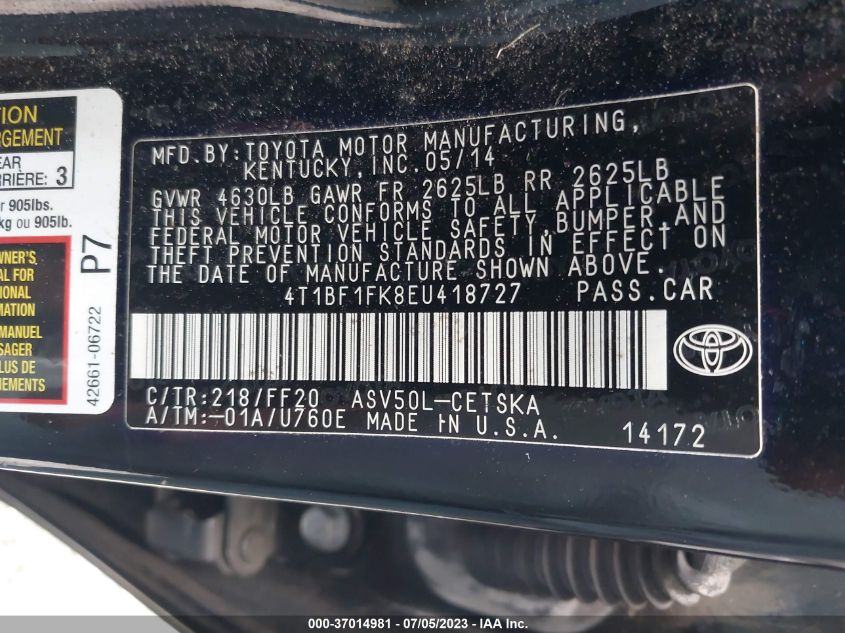 2014 TOYOTA CAMRY L/LE/XLE/SE/SE SPORT - 4T1BF1FK8EU418727