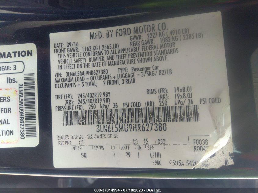 2017 LINCOLN MKZ HYBRID RESERVE - 3LN6L5MU9HR627380