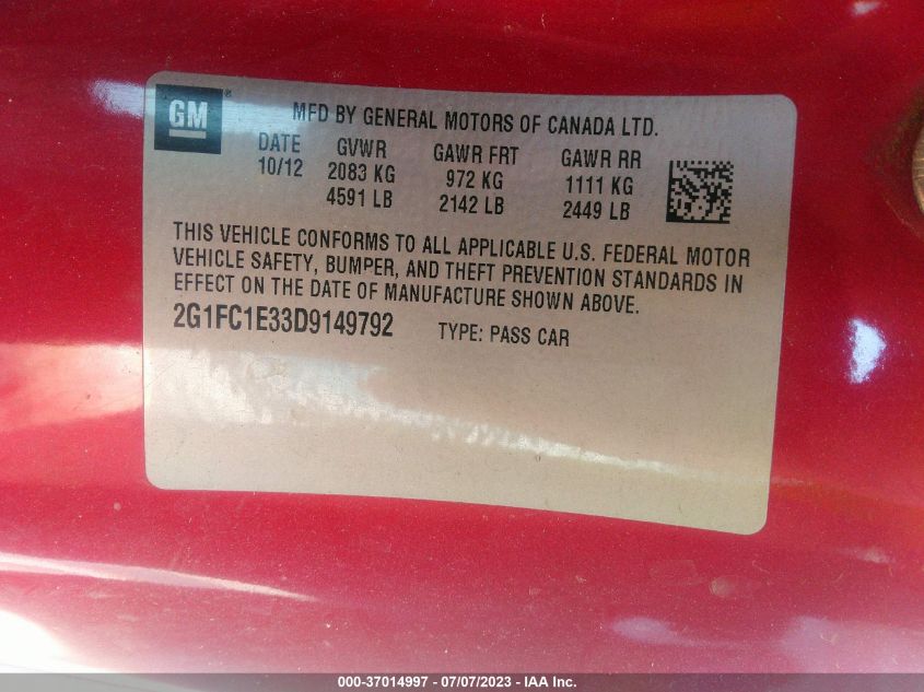 2013 CHEVROLET CAMARO LT - 2G1FC1E33D9149792