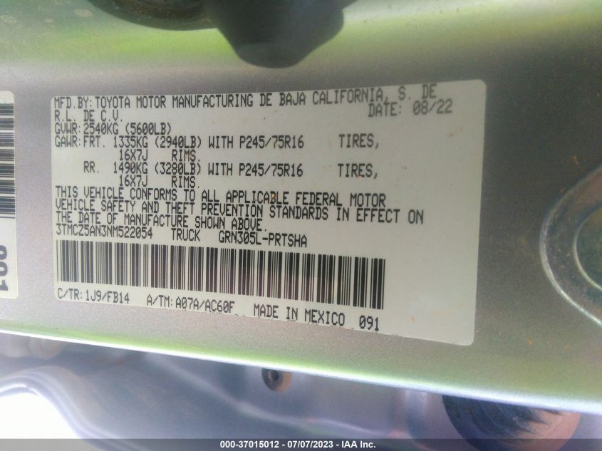 2022 TOYOTA TACOMA 4WD SR/SR5/TRD SPORT - 3TMCZ5AN3NM522054