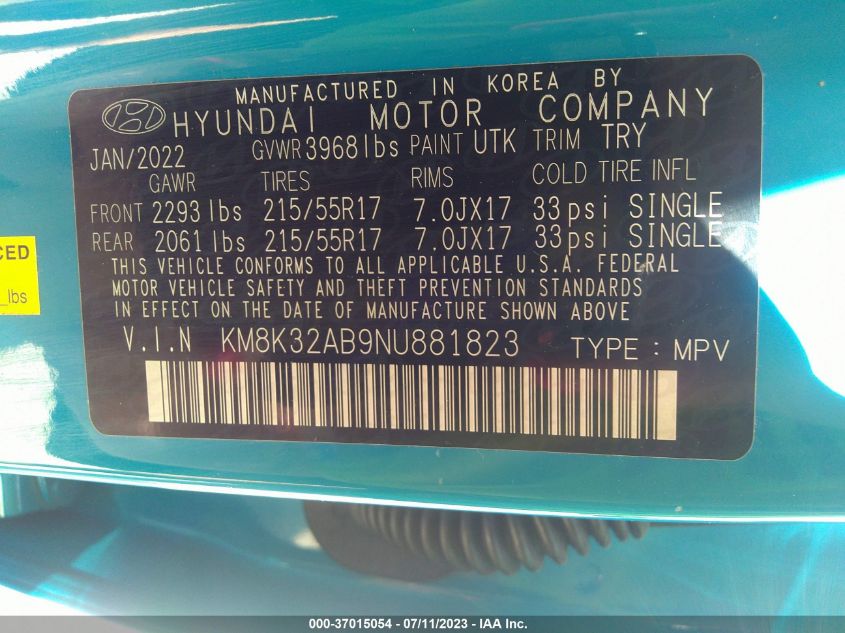 2022 HYUNDAI KONA SEL - KM8K32AB9NU881823