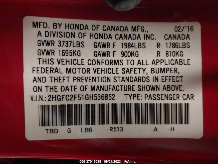 2016 HONDA CIVIC SEDAN LX - 2HGFC2F51GH536852