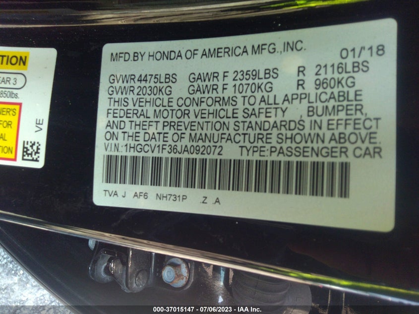 VIN 1HGCV1F36JA092072 2018 HONDA ACCORD SEDAN SPORT 1.5T