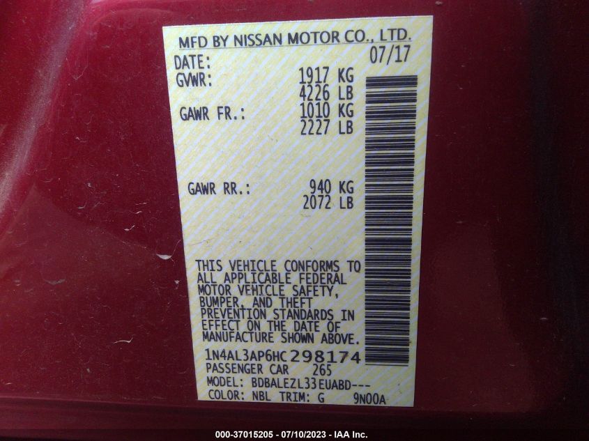 2017 NISSAN ALTIMA 2.5 S - 1N4AL3AP6HC298174