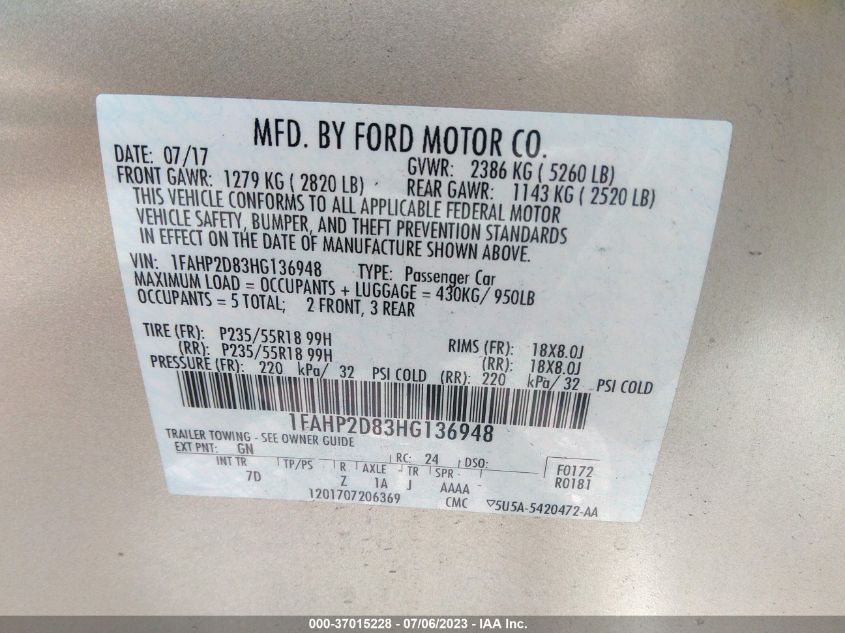 2017 FORD TAURUS SE - 1FAHP2D83HG136948