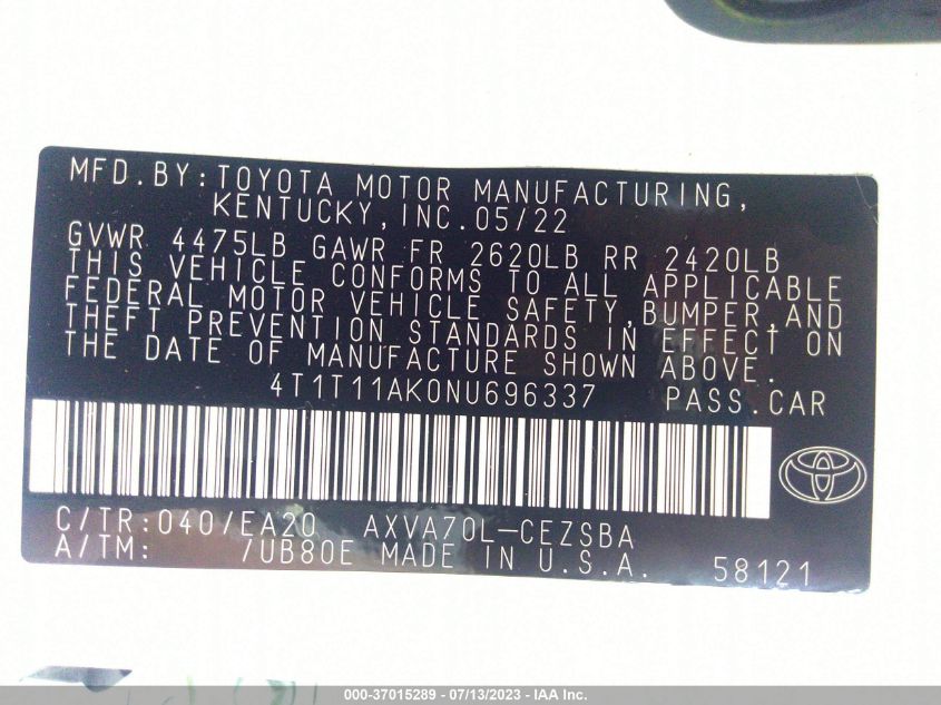 2022 TOYOTA CAMRY SE - 4T1T11AK0NU696337