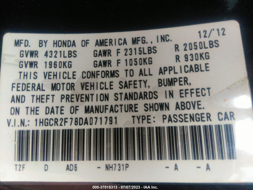 2013 HONDA ACCORD SDN EX - 1HGCR2F78DA071791