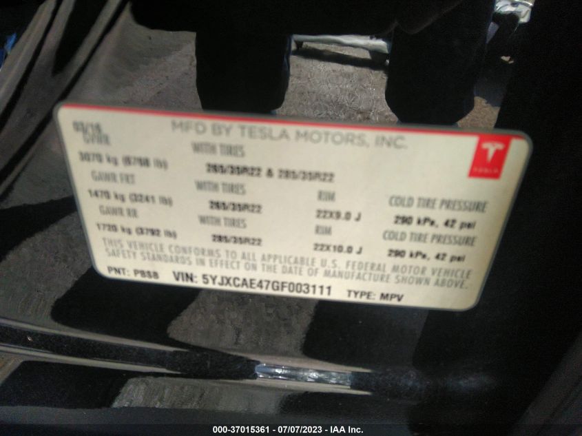 2016 TESLA MODEL X P90D/60D/P100D - 5YJXCAE47GF003111