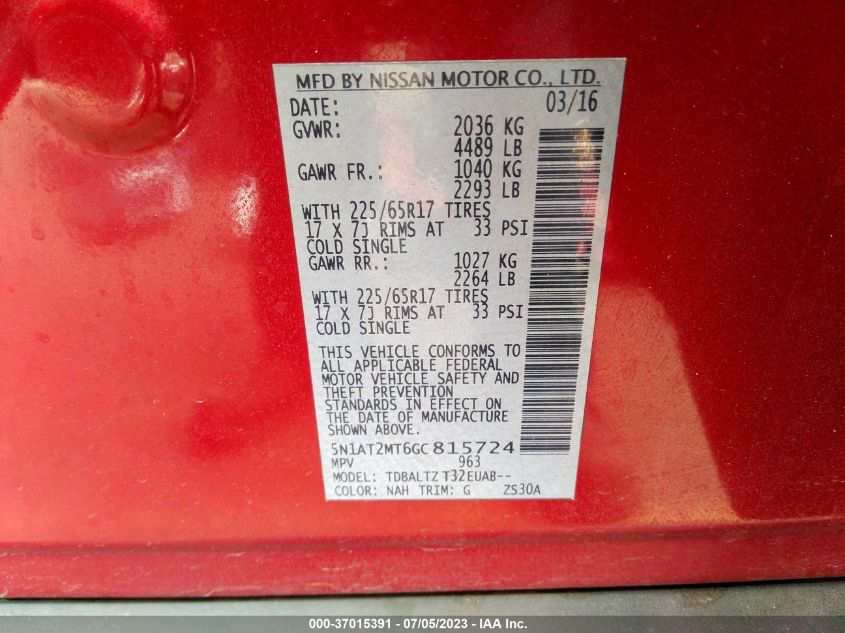 2016 NISSAN ROGUE SV - 5N1AT2MT6GC815724