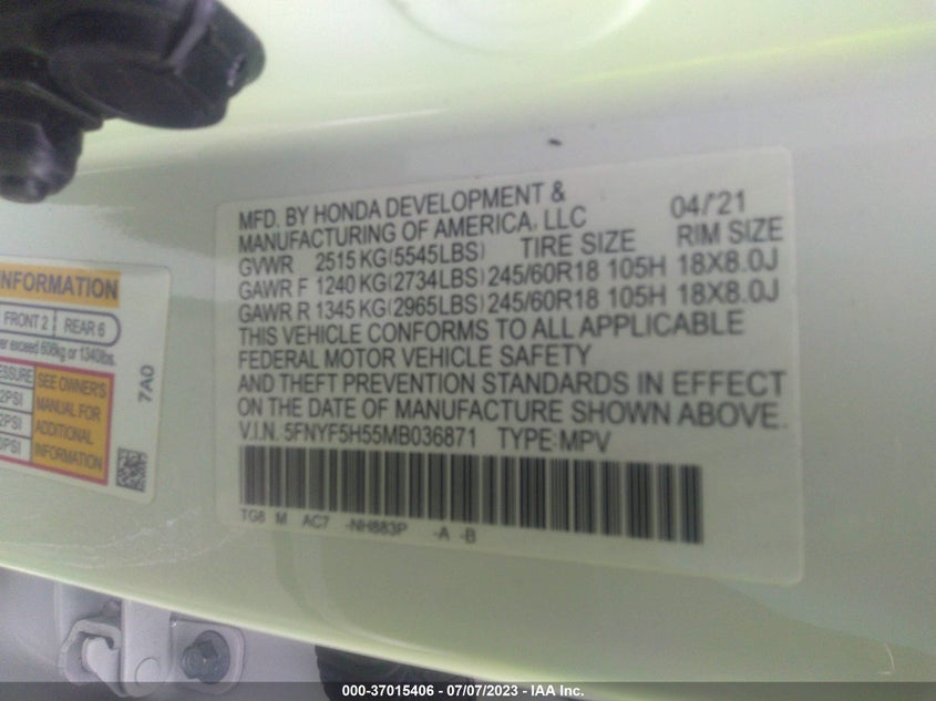 VIN 5FNYF5H55MB036871 2021 HONDA PILOT EX-L