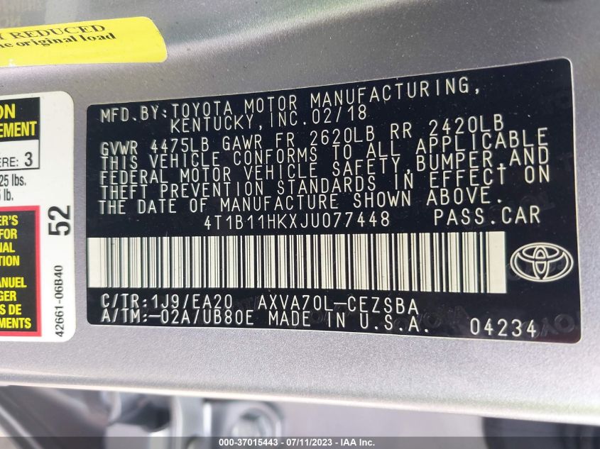 2018 TOYOTA CAMRY LE/SE/XLE/L - 4T1B11HKXJU077448