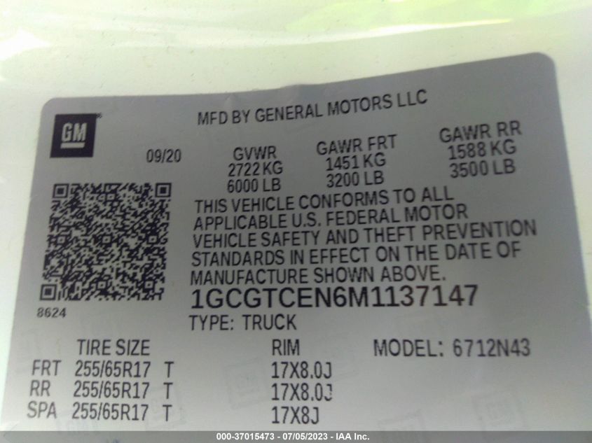 2021 CHEVROLET COLORADO 4WD LT - 1GCGTCEN6M1137147