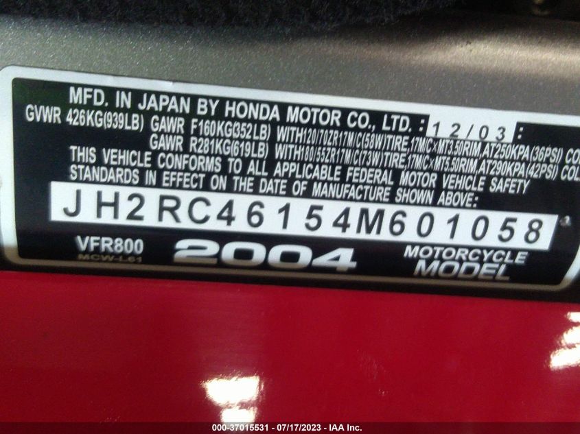 2004 HONDA VFR800 JH2RC46154M601058