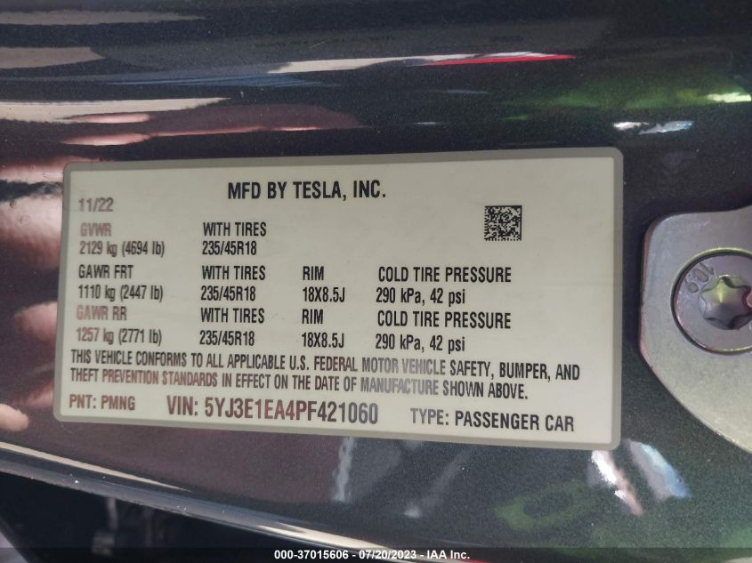 2023 TESLA MODEL 3 - 5YJ3E1EA4PF421060