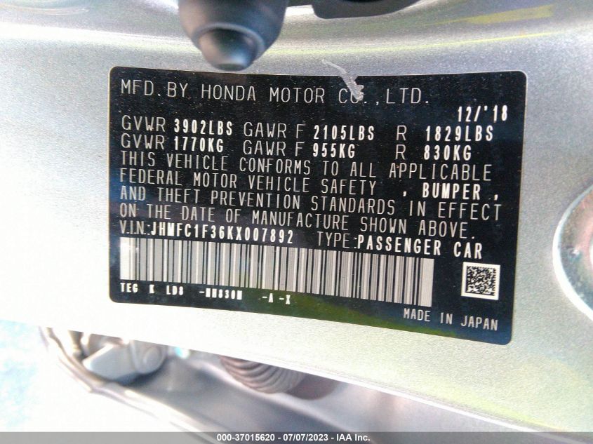 2019 HONDA CIVIC SEDAN EX - JHMFC1F36KX007892