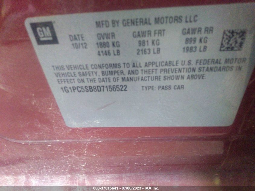 2013 CHEVROLET CRUZE LT - 1G1PC5SB8D7156522