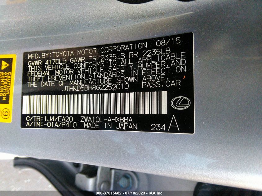 2016 LEXUS CT 200H HYBRID - JTHKD5BH8G2252010