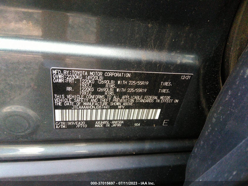VIN JTEAAAAH0NJ087441 2022 TOYOTA VENZA LE/XLE/LIMITED