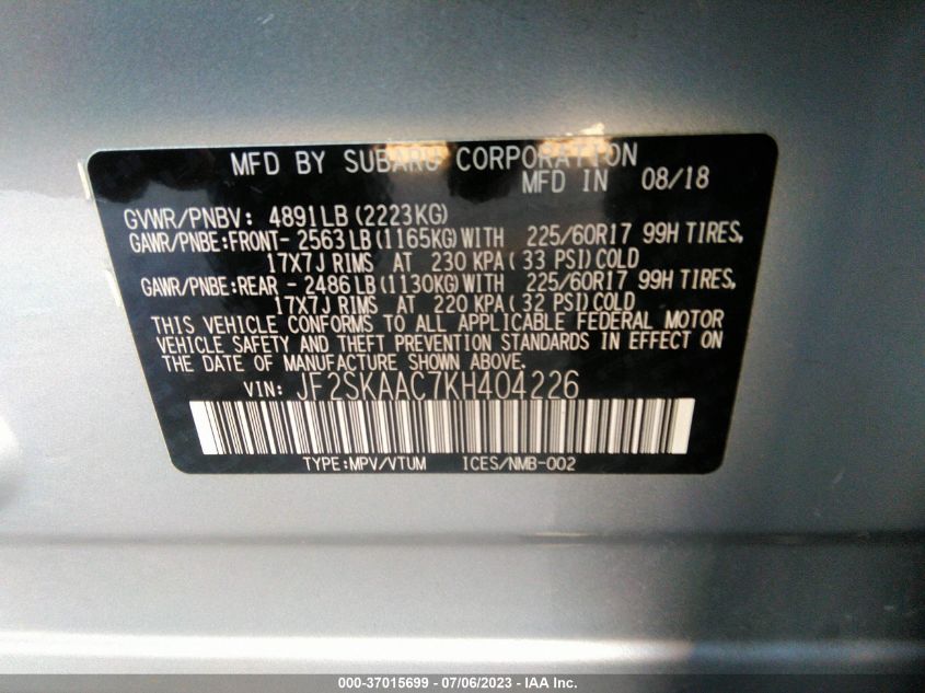 2019 SUBARU FORESTER - JF2SKAAC7KH404226