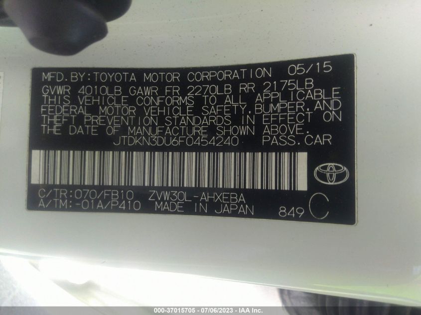 2015 TOYOTA PRIUS FOUR - JTDKN3DU6F0454240