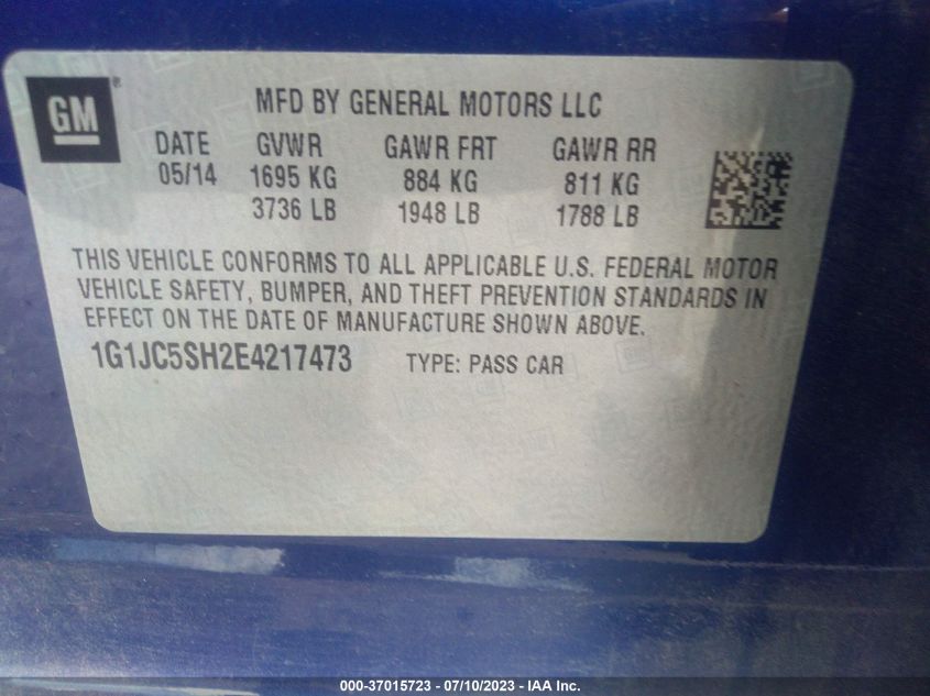2014 CHEVROLET SONIC LT - 1G1JC5SH2E4217473