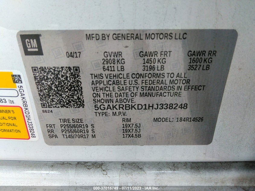 VIN 5GAKRBKD1HJ338248 2017 BUICK ENCLAVE LEATHER