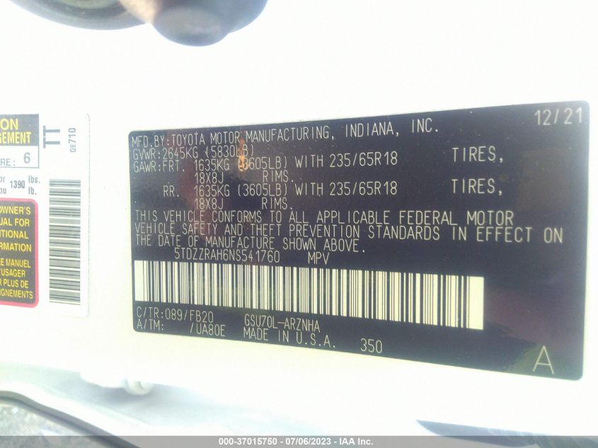 2022 TOYOTA HIGHLANDER LE - 5TDZZRAH6NS541760
