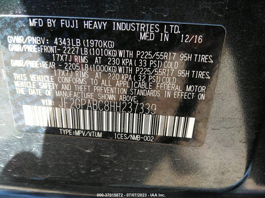 VIN JF2GPABC8HH237339 2017 SUBARU CROSSTREK PREMIUM