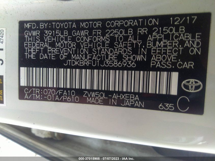 2018 TOYOTA PRIUS TWO/TWO ECO/THREE - JTDKBRFU1J3586936