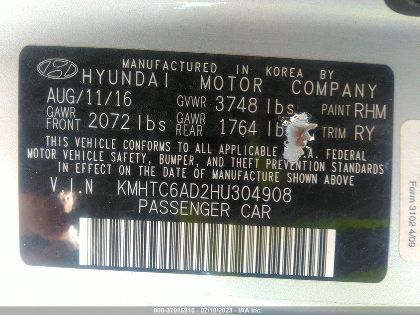 VIN KMHTC6AD2HU304908 2017 HYUNDAI VELOSTER