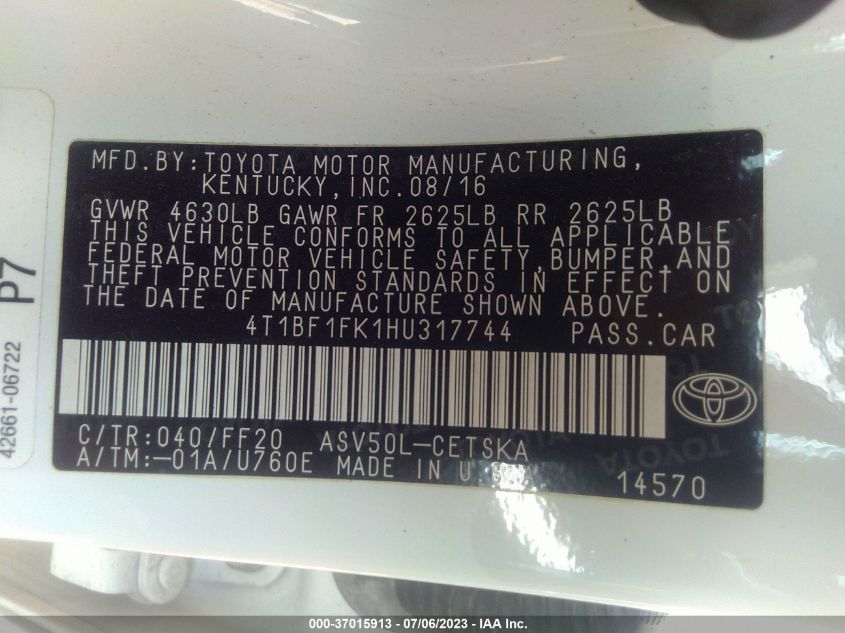 2017 TOYOTA CAMRY LE/XLE/SE/XSE - 4T1BF1FK1HU317744