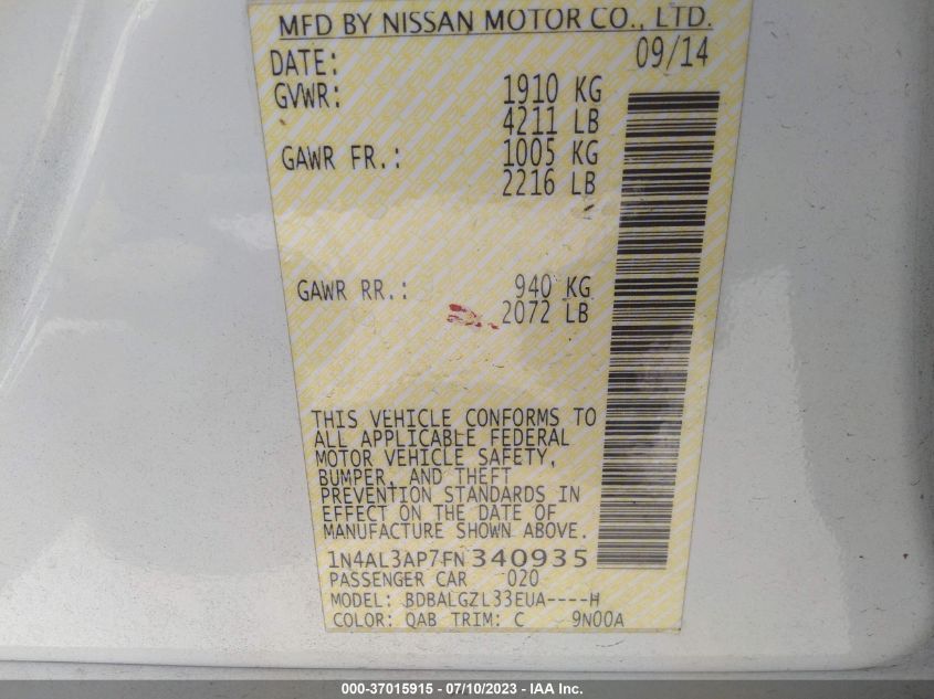 2015 NISSAN ALTIMA 2.5 S - 1N4AL3AP7FN340935
