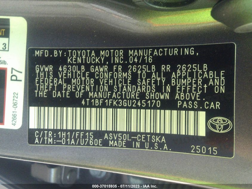 2016 TOYOTA CAMRY LE/XLE/SE/XSE - 4T1BF1FK3GU245170