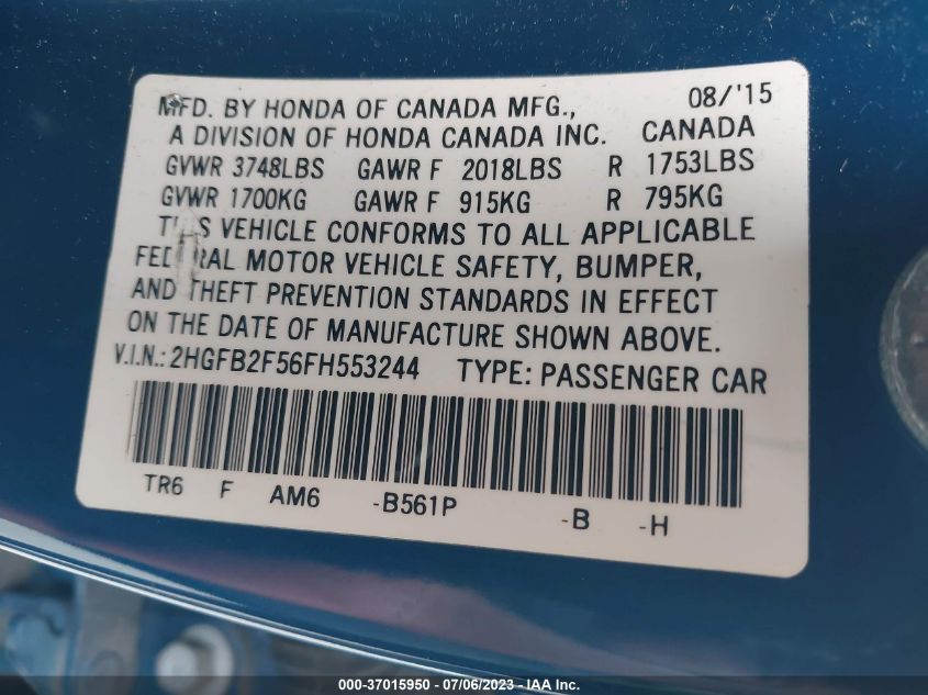 2015 HONDA CIVIC SEDAN LX - 2HGFB2F56FH553244