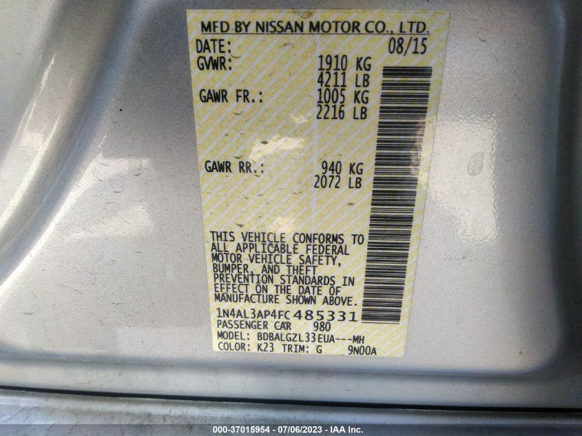 2015 NISSAN ALTIMA 2.5 S - 1N4AL3AP4FC485331