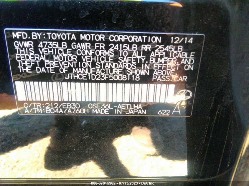 2015 LEXUS IS 350 - JTHCE1D23F5008118