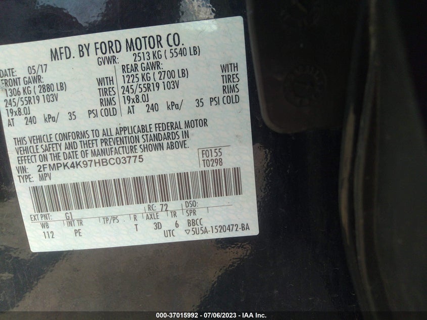 VIN 2FMPK4K97HBC03775 2017 FORD EDGE TITANIUM