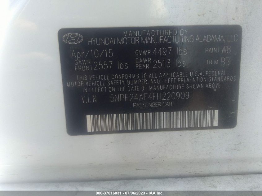 2015 HYUNDAI SONATA 2.4L SE - 5NPE24AF4FH220909