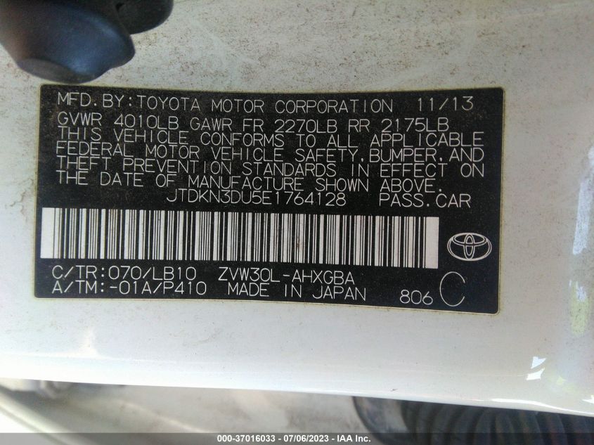 2014 TOYOTA PRIUS FOUR/FIVE/THREE/ONE/TWO - JTDKN3DU5E1764128
