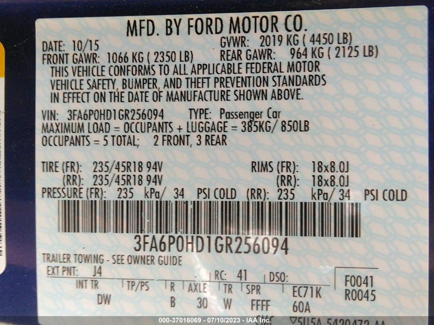 2016 FORD FUSION SE - 3FA6P0HD1GR256094