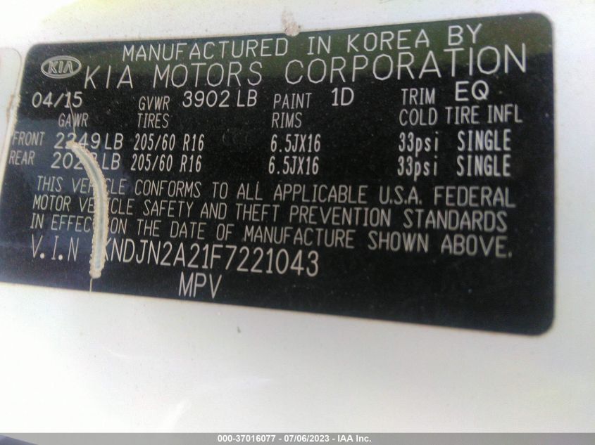 2015 KIA SOUL BASE - KNDJN2A21F7221043