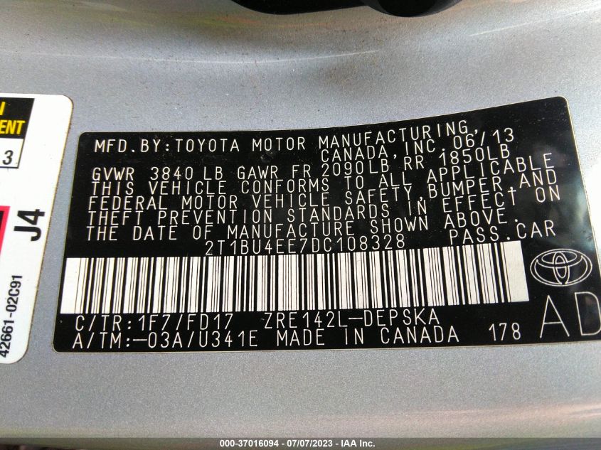 2013 TOYOTA COROLLA S/LE - 2T1BU4EE7DC108328